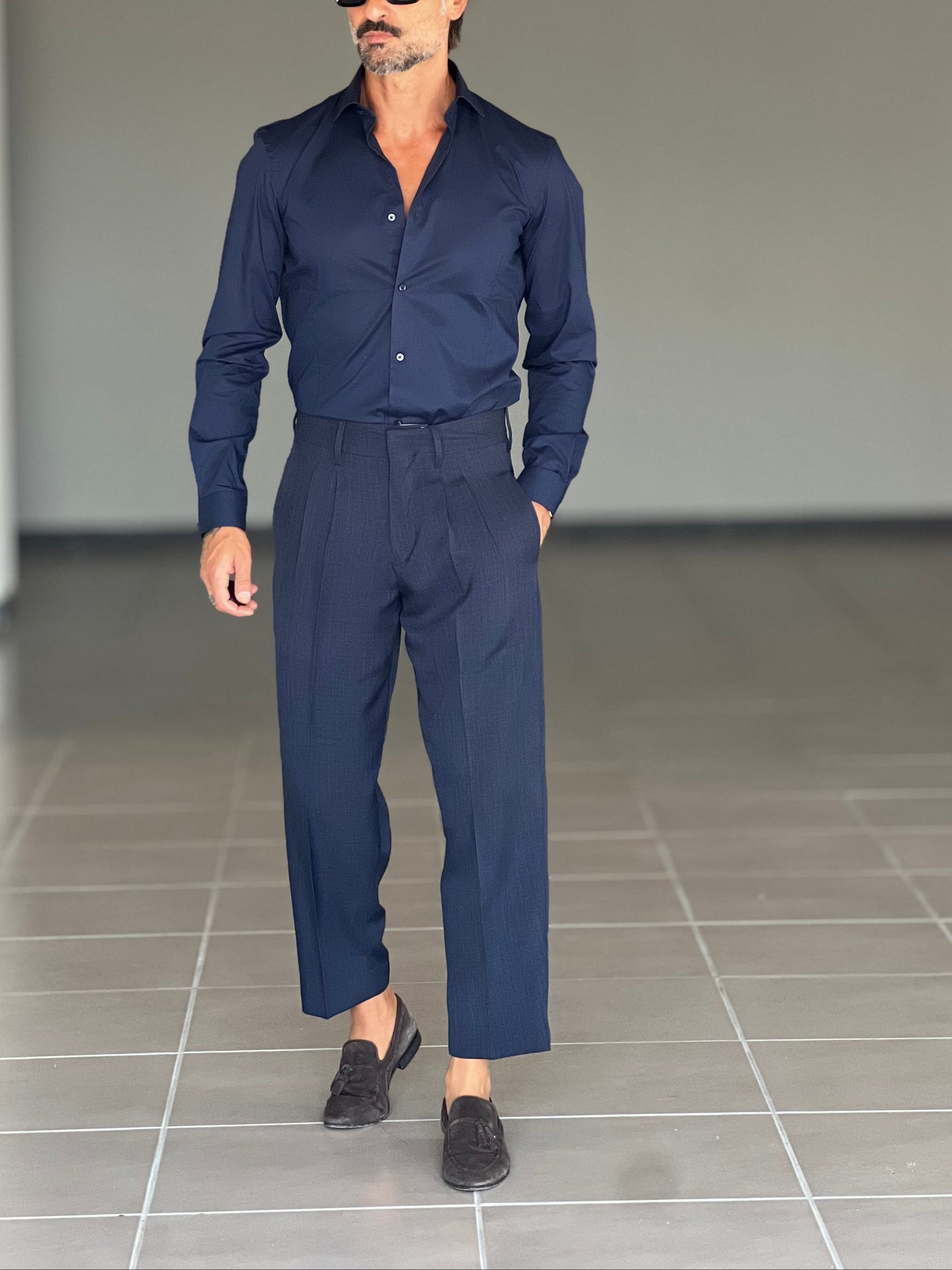 PANTALONE ESTIVO LANA E VISCOSA  BLU ROYAL  PINCES