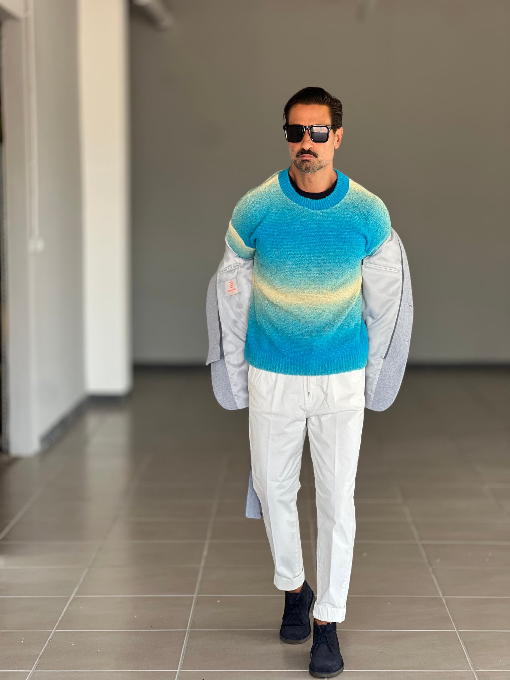 MAGLIA GIRO DEGRADE' TURCHESE  E PANNA