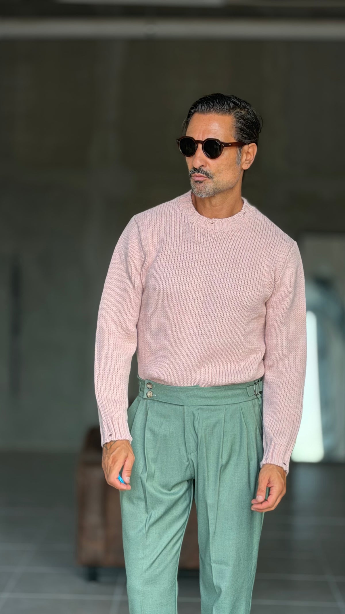 PANTALONE VERDE SALVIA  VITA ALTA PINCES VISCOSA  EFFETTO FLANELLA BATTUTA