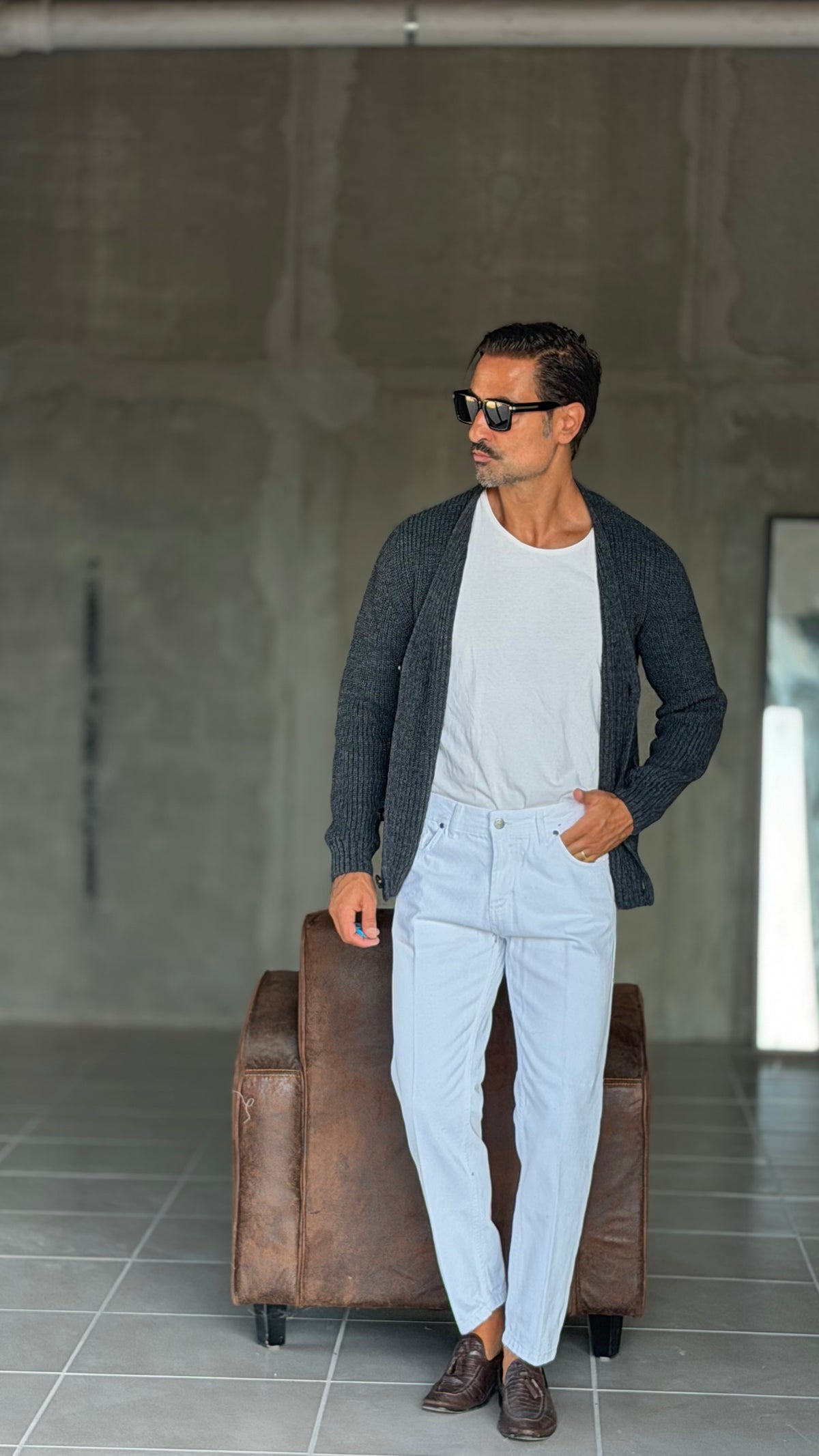 CARDIGAN GRIGIO PIOMBO LANA ALPACA VISCOSA MAGLIA INGLESE ALTATENSIONE (