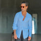CAMICIA COREANA CELESTE CIELO   CHIARO GOFFRATA COTONE  EFFETTO LINO. 278