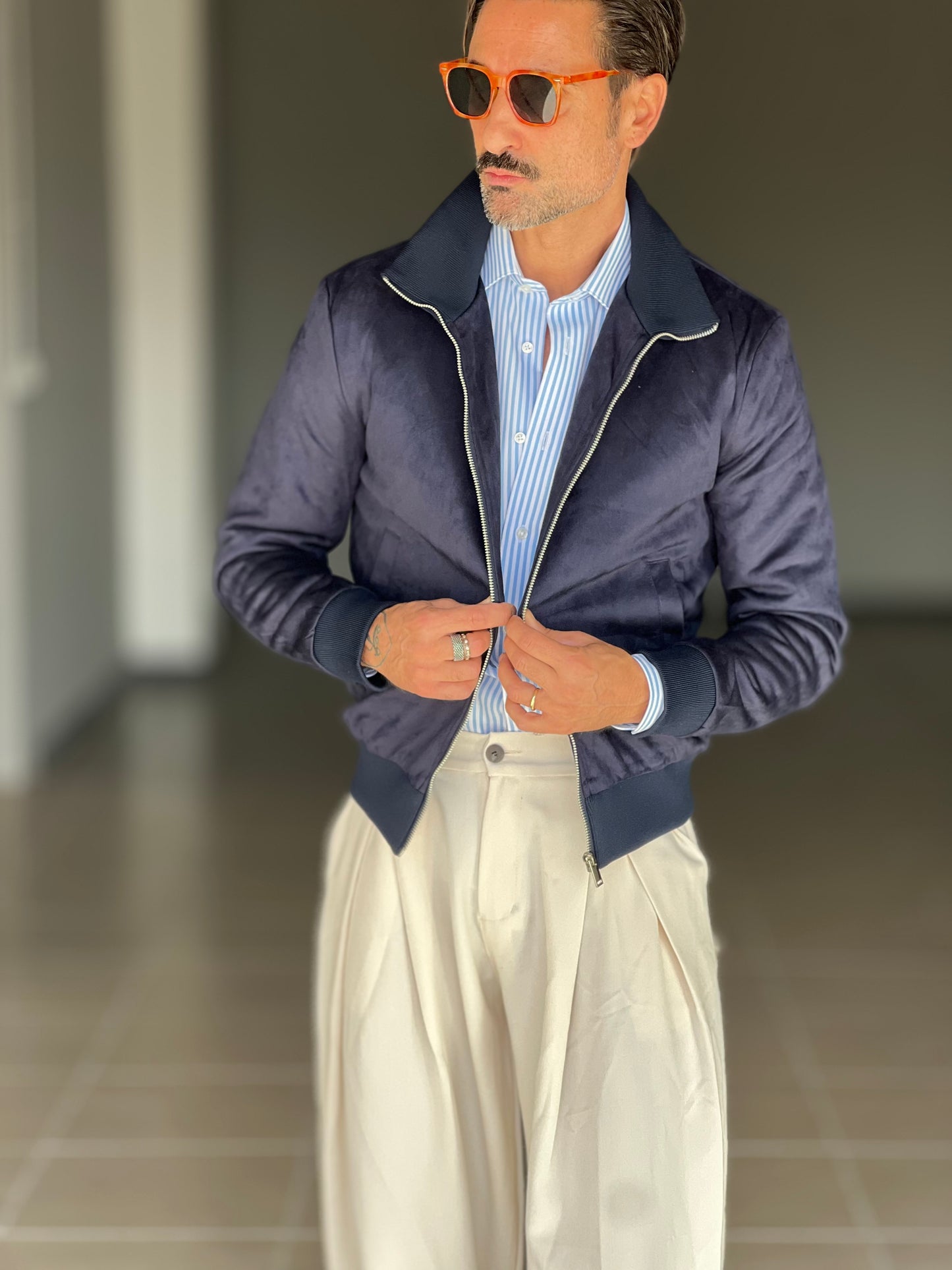 BOMBER ECOSUED BLU  COLLO IN MAGLIA