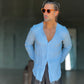 CAMICIA COREANA CELESTE CIELO   CHIARO GOFFRATA COTONE  EFFETTO LINO. 278