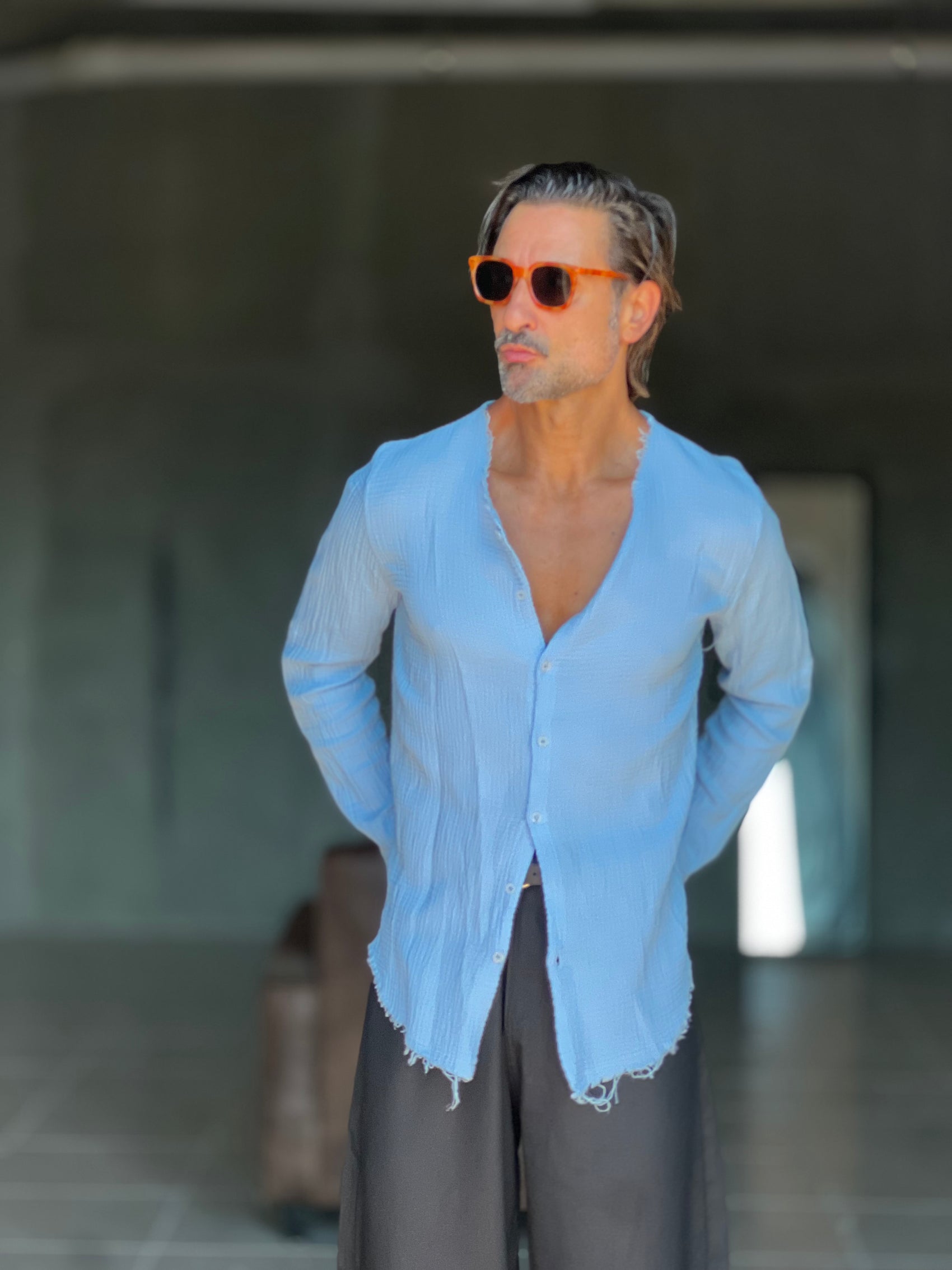 CAMICIA COREANA CELESTE CIELO   CHIARO GOFFRATA COTONE  EFFETTO LINO. 278
