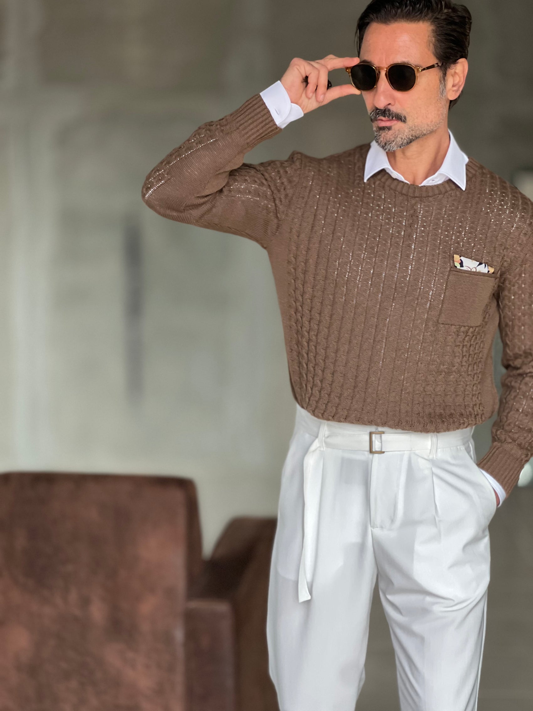 MAGLIA  MORO  TRECCIA COTONE TASCHINO