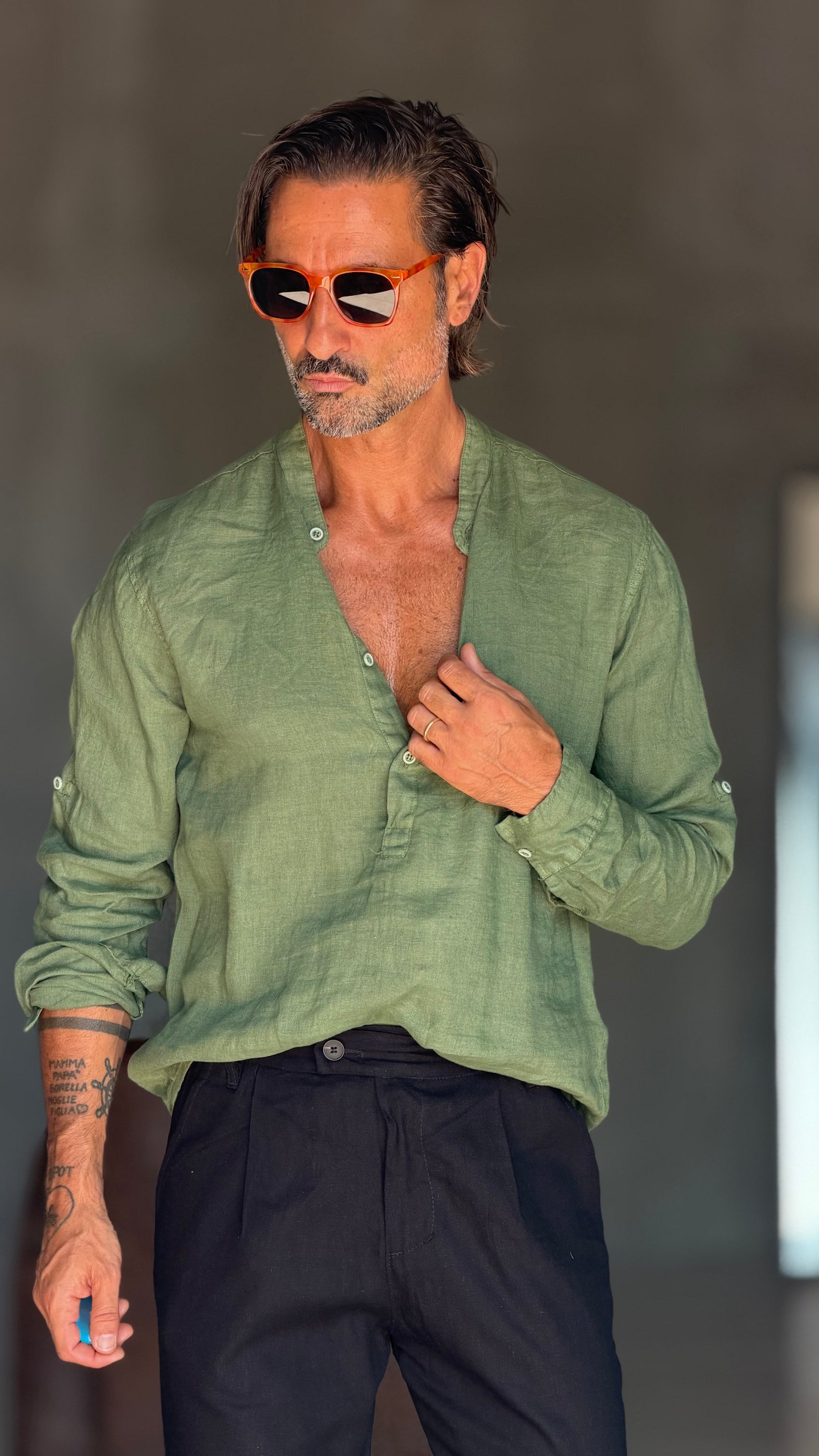 CAMICIA  SERAFINO VERDE LINO PURO