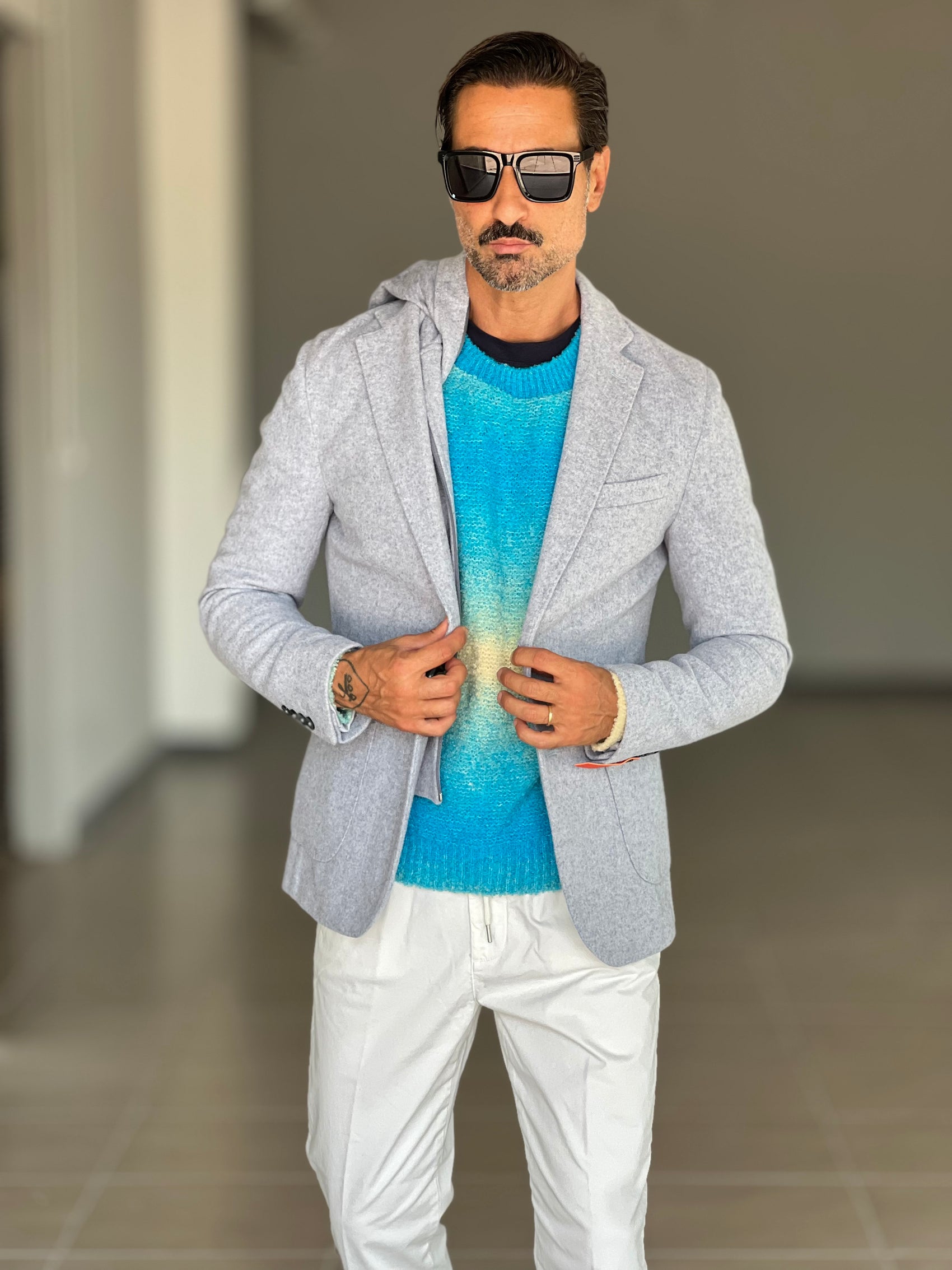 MAGLIA GIRO DEGRADE' TURCHESE  E PANNA