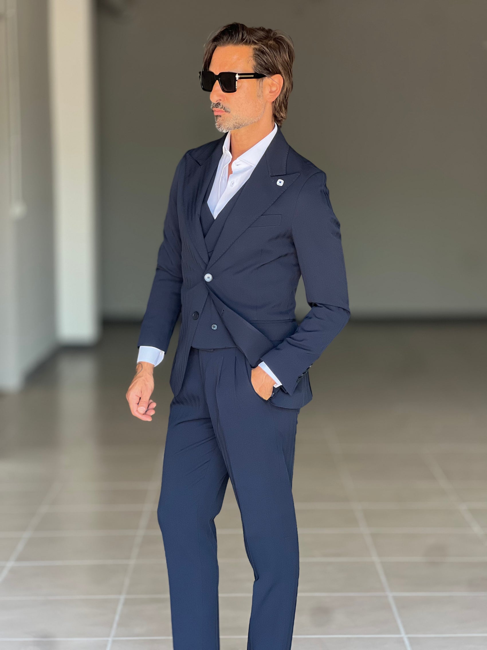 ABITO BLU  MONOPETTO  3 PEZZI  TRAMATO GILET PETRO'