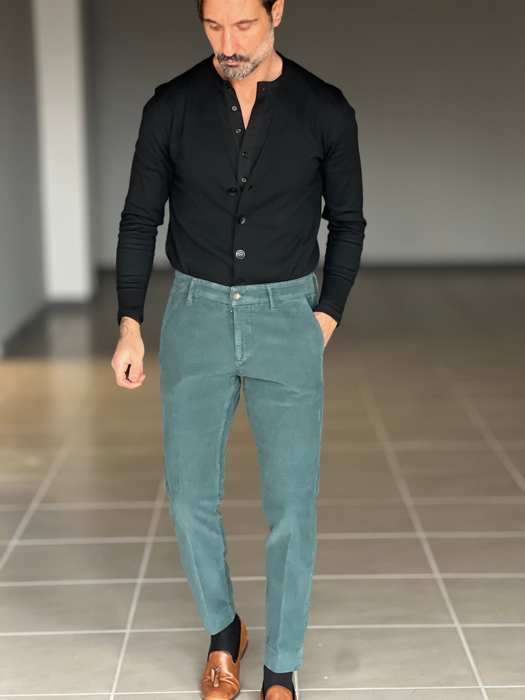 PANTALONE VELLUTO VERDE FOGLIA GAMBA DRITTA