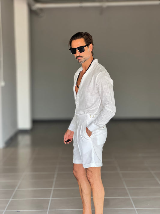 BERMUDA BIANCO LINO E VISCOSA   VITA ALTA