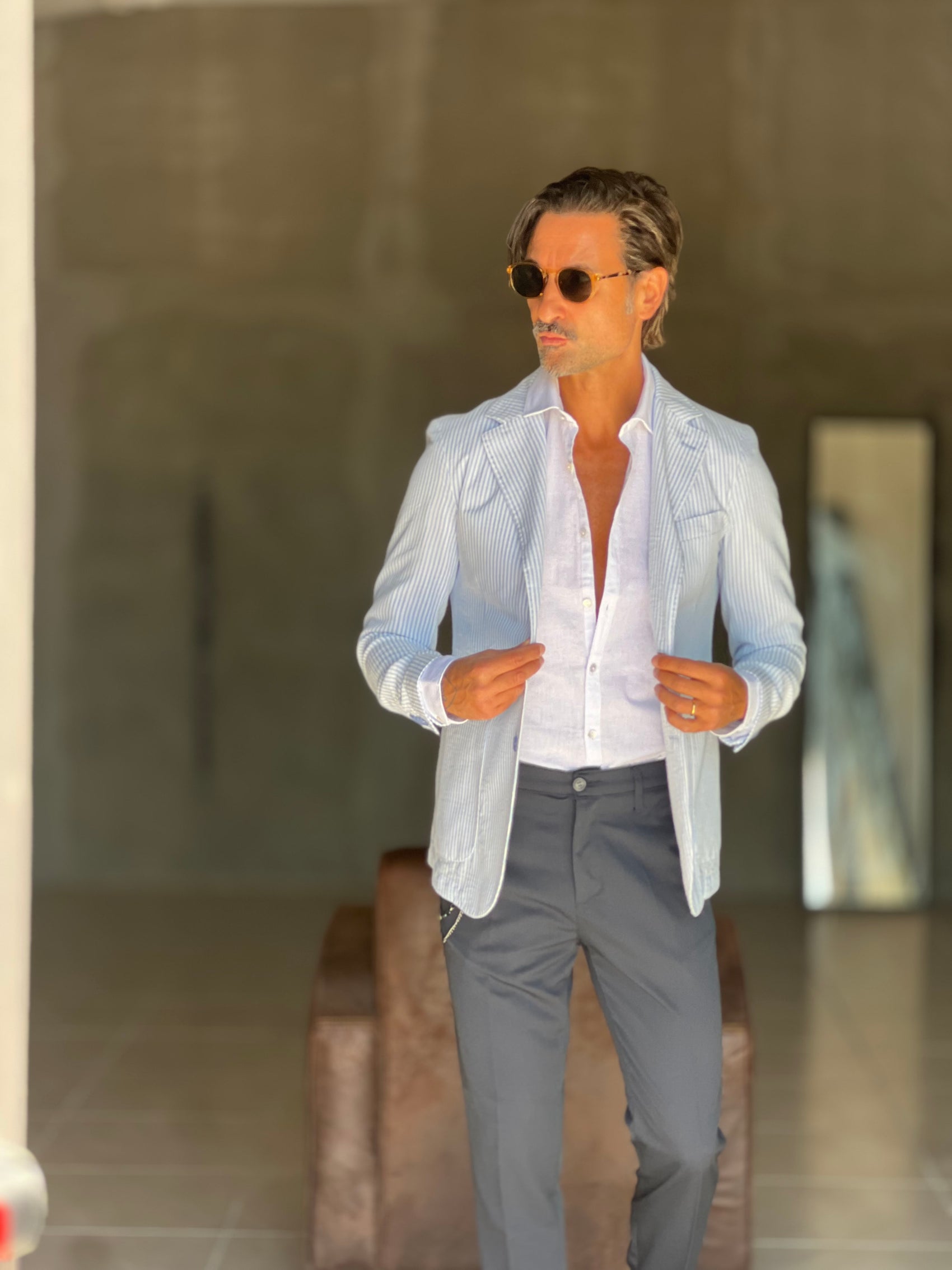 GIACCA MILLERIGHE CELESTE E BIANCA LINO E COTONE E MISTI