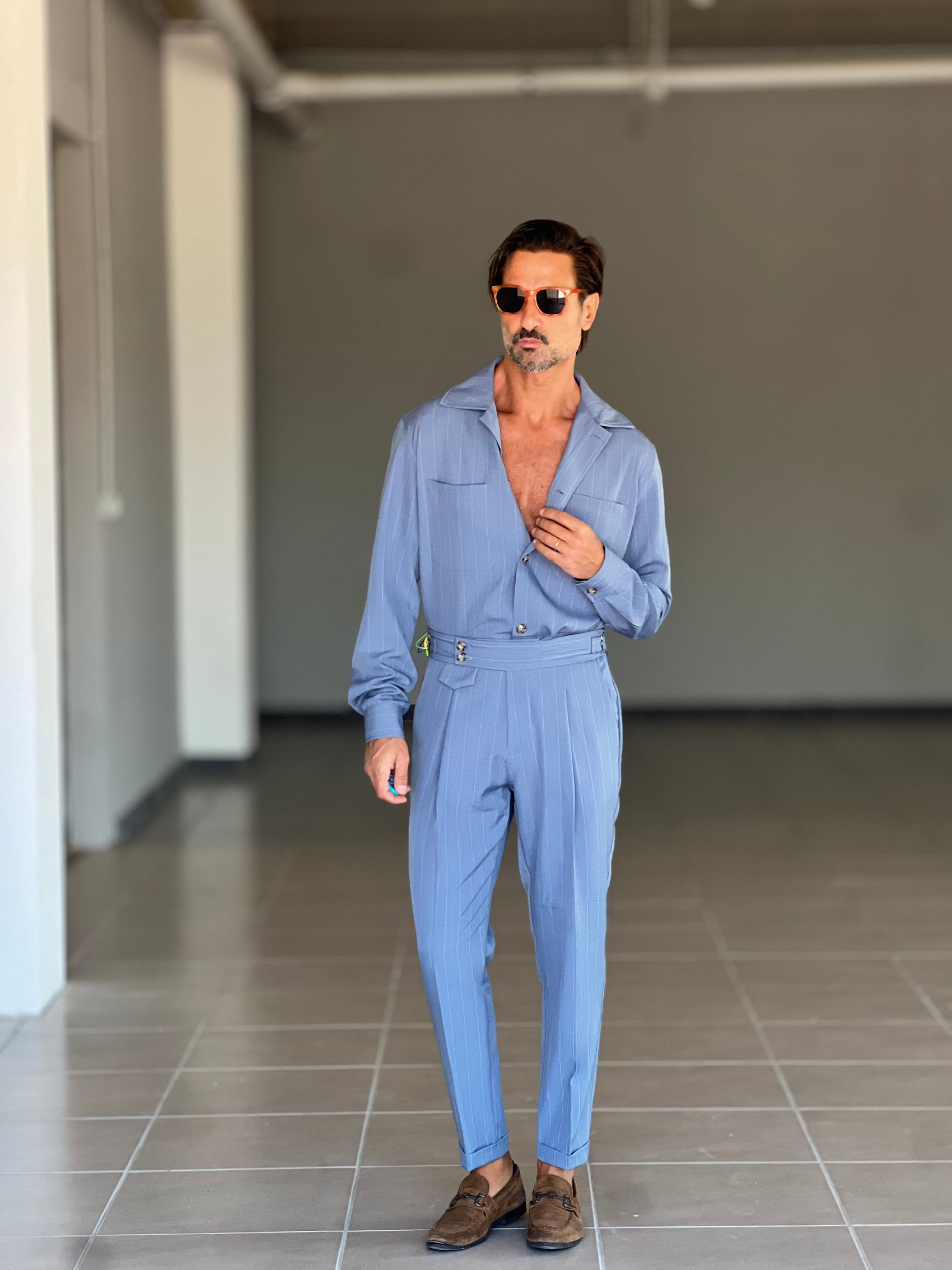 FILLJACKET  CELESTE MARE GESSATA VISCOSA OVER FIT 0301 ABBINABILE AL PANTALONE GESSATO  CELESTE MARE 00301