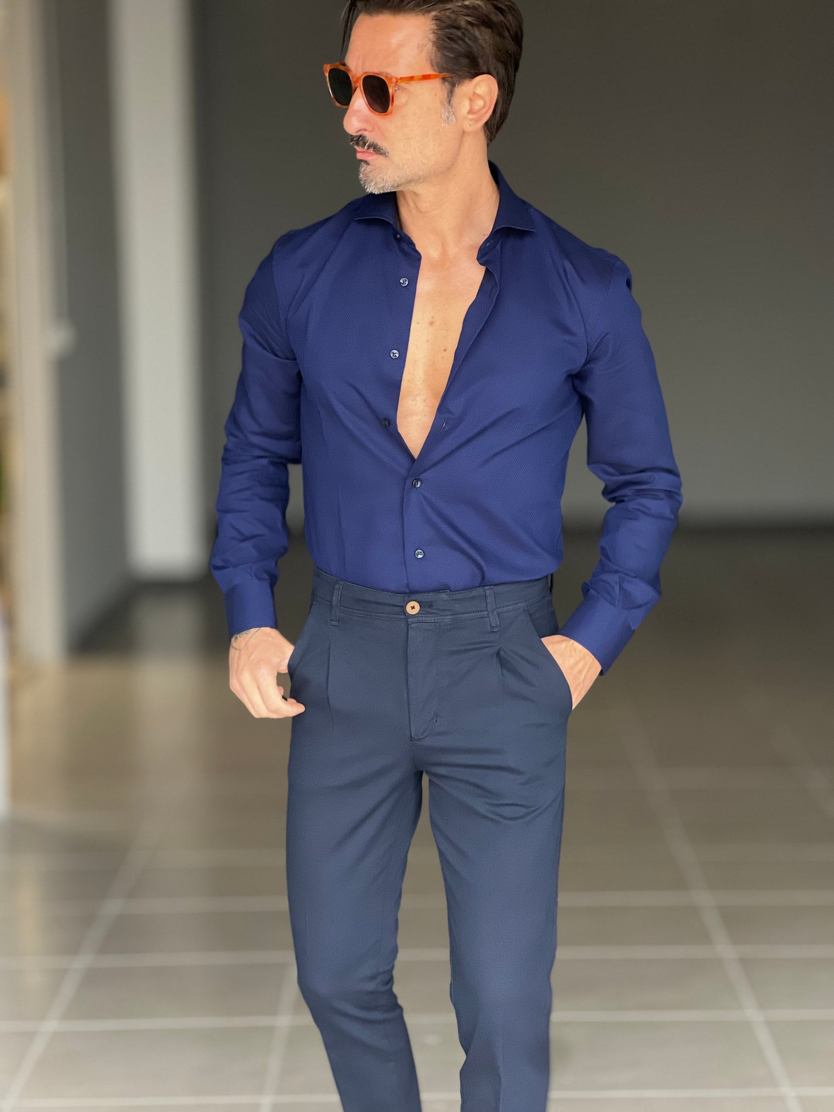 PANTALONE  PINCES  BLU NAVY  GABARDINE DI COTONE G PLAY