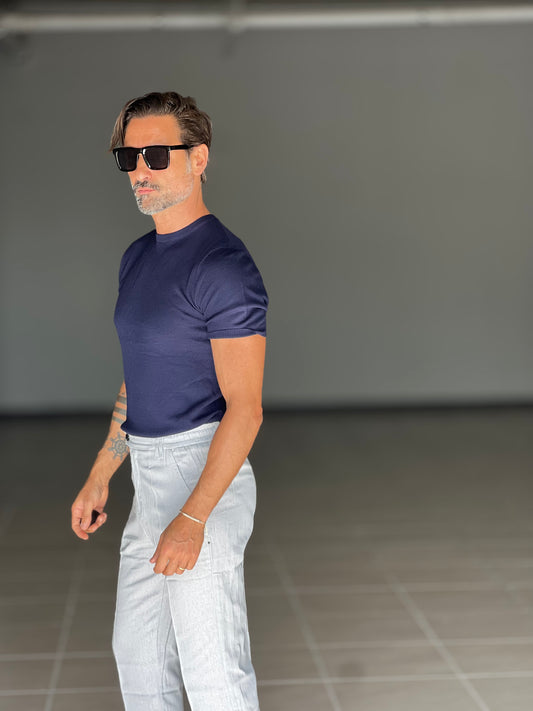 MAGLIA BLU  NIDO D'APE  VISCOSA E MISTO