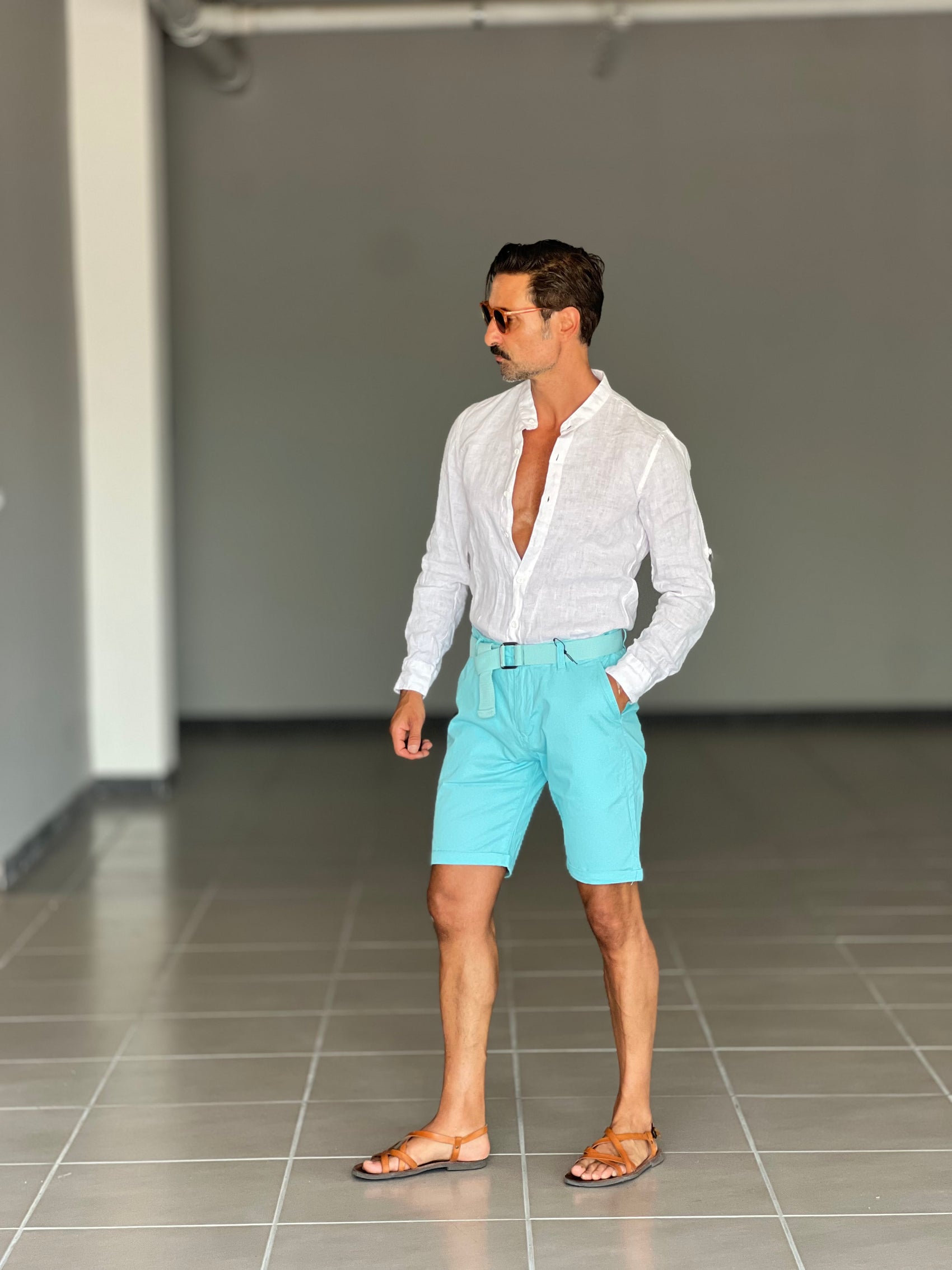 BERMUDA PANTALONE CELESTE MARE  COTONE INSERTO CINTURA