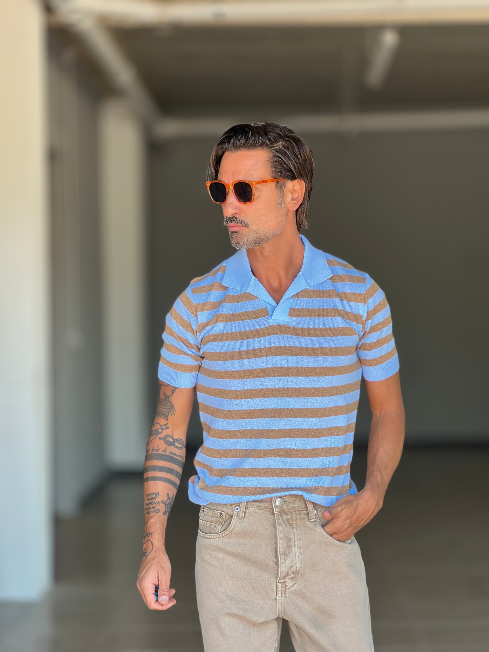 POLO  RIGA AZZURRA E CAMMELLO 0077