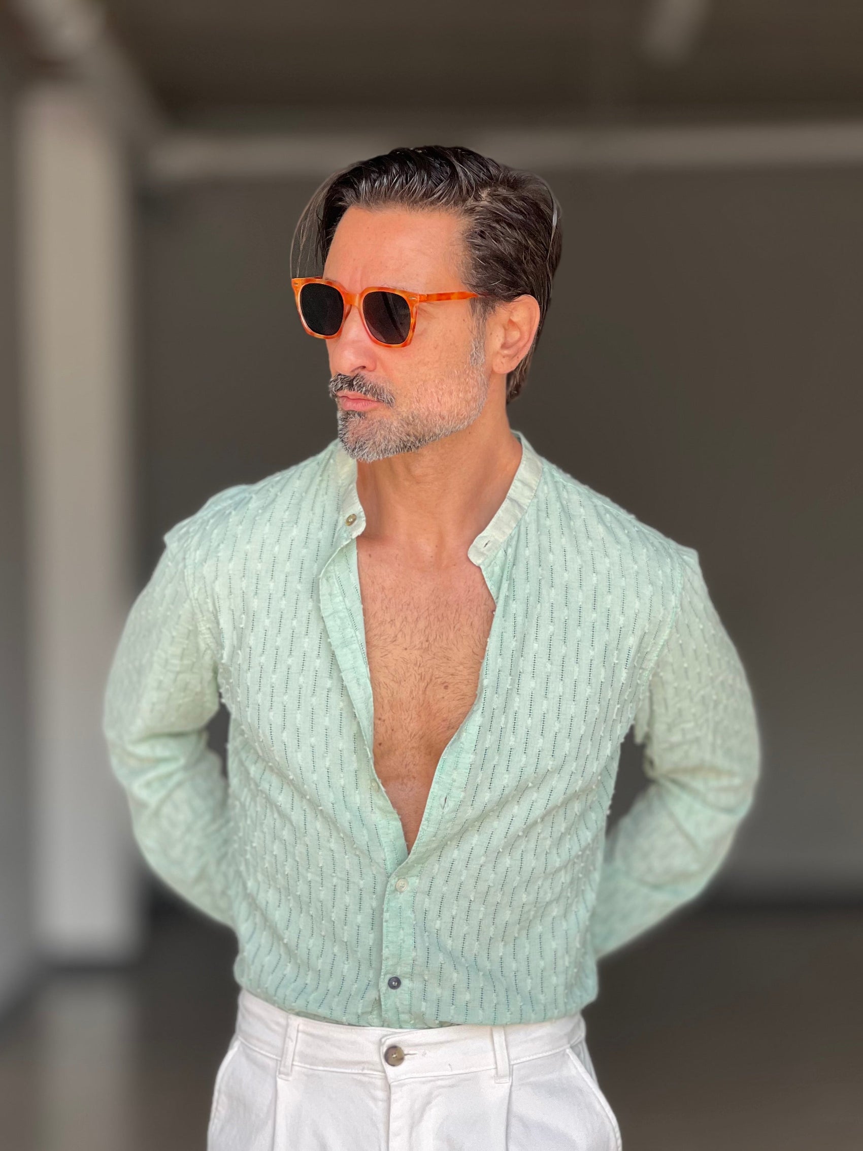 CAMICIA KOON VERDE ACQUA LINO E COTONE LAVORAZIONE TRAMATA 0046
