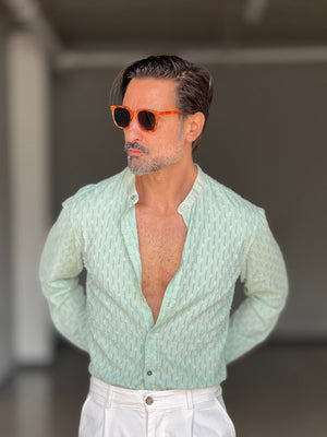 CAMICIA KOON VERDE ACQUA LINO E COTONE LAVORAZIONE TRAMATA 0046