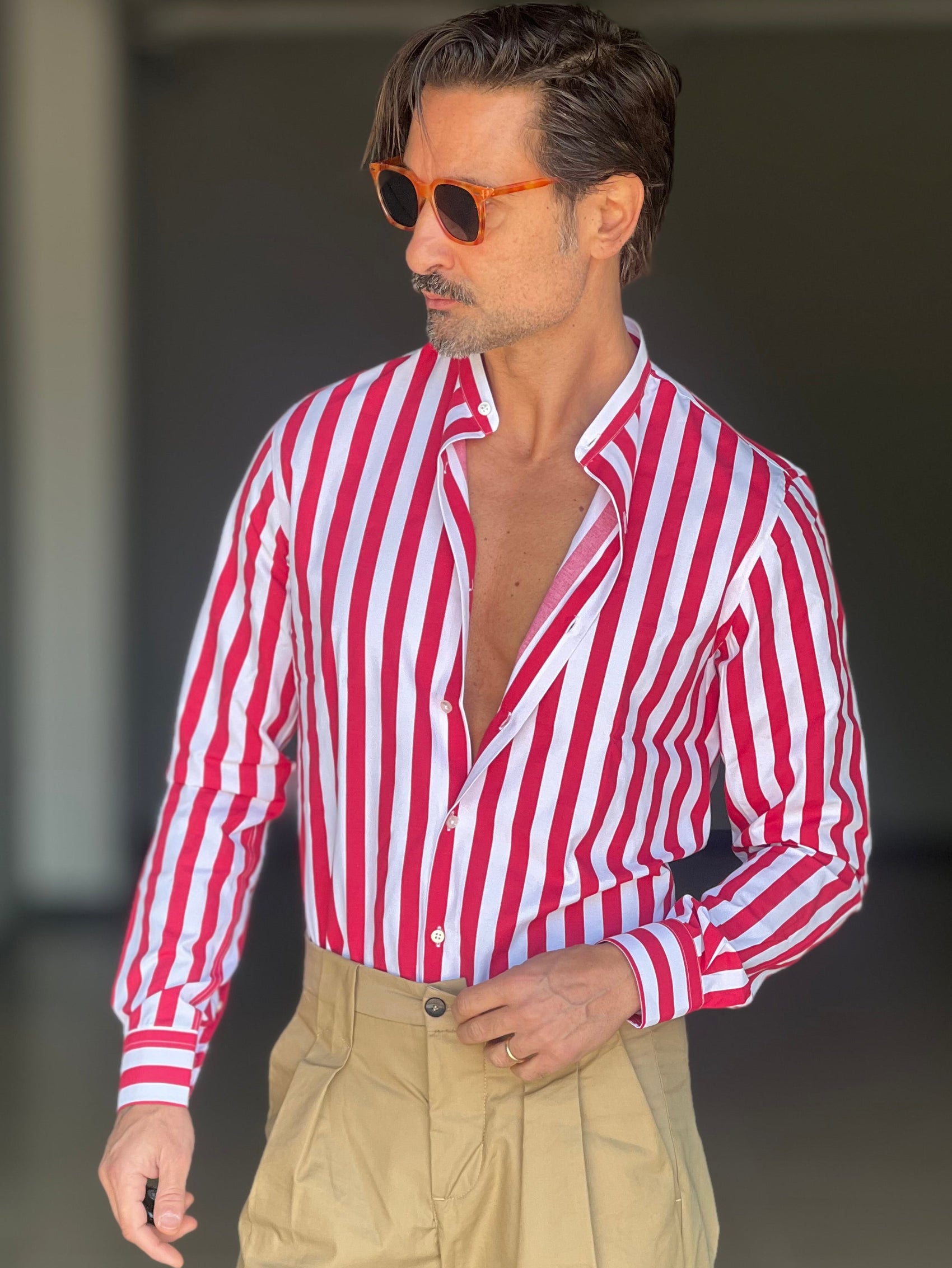 CAMICIA BIANCA E ROSSA  COREANA   POPELINE DI COTONE STRECH