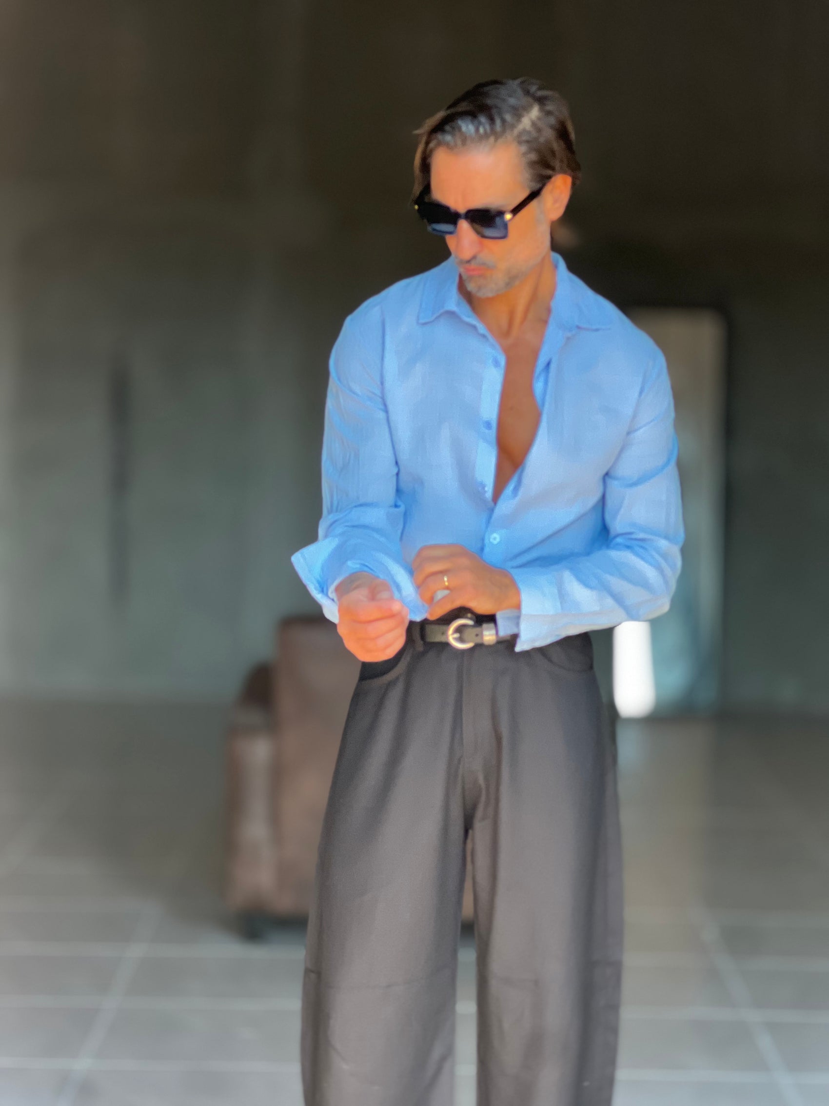 CAMICIA CELESTE COTONE EFFETTO LINO 279