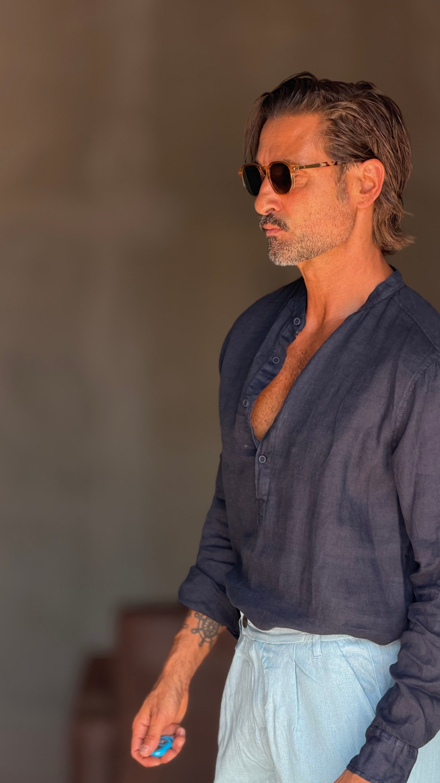 CAMICIA  SERAFINO BLU LINO PURO