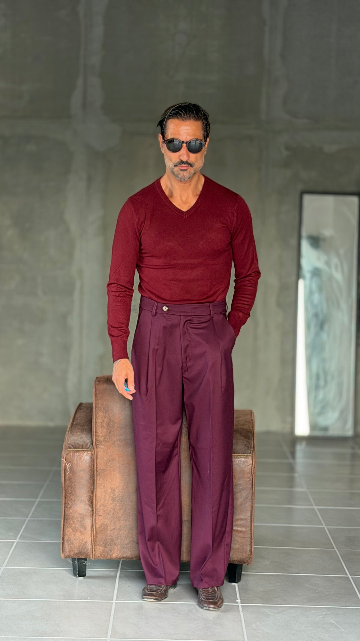 PANTALONE  PRUGNA PINCES VISCOSA  FONDO AMPIO  EFFETTO FLANELLA BATTUTA
