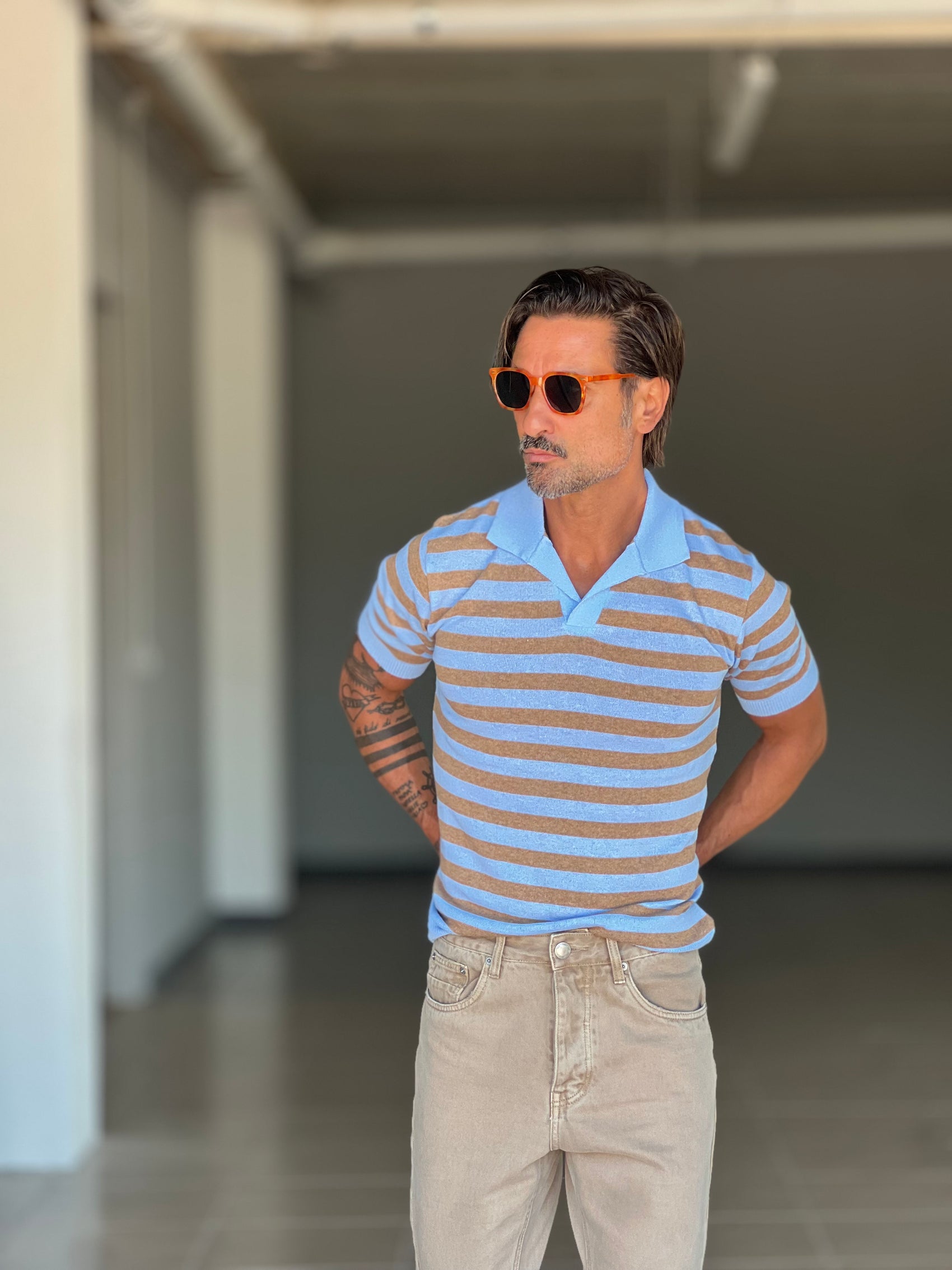 POLO  RIGA AZZURRA E CAMMELLO 0077