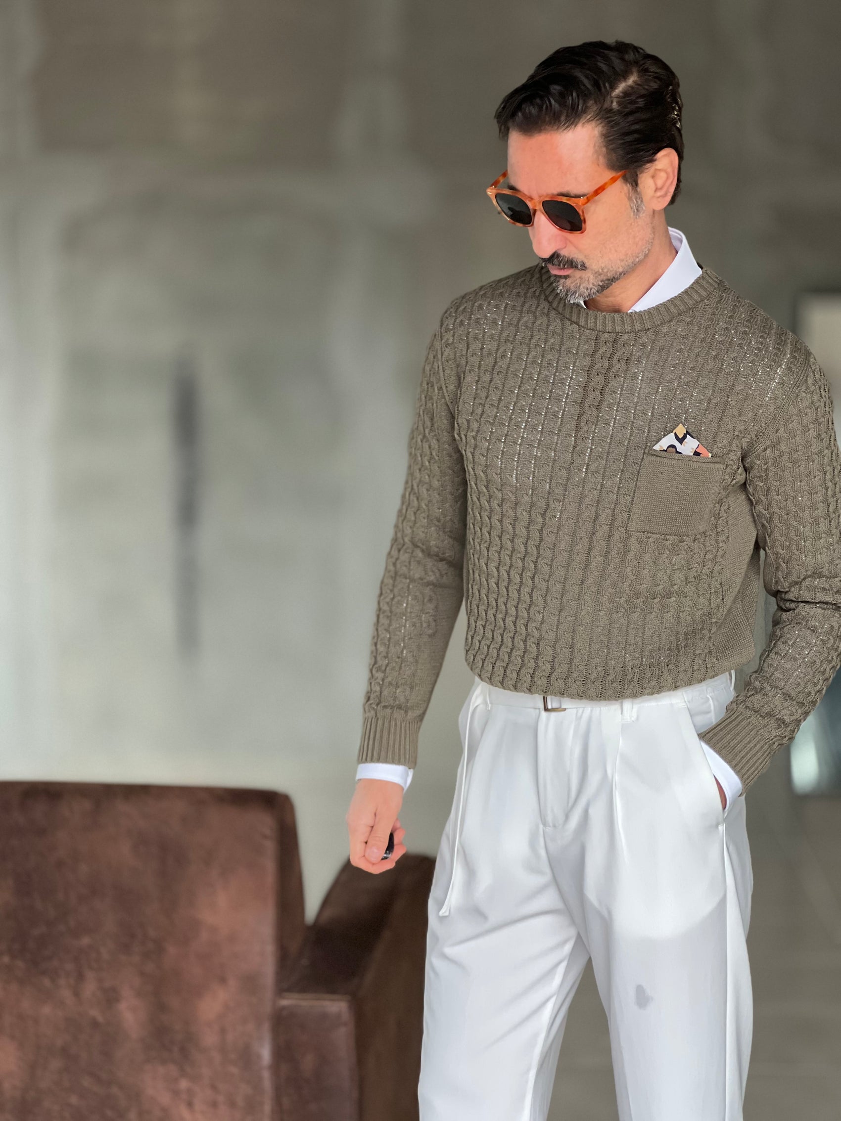 MAGLIA SALVIA  TRECCIA COTONE TASCHINO