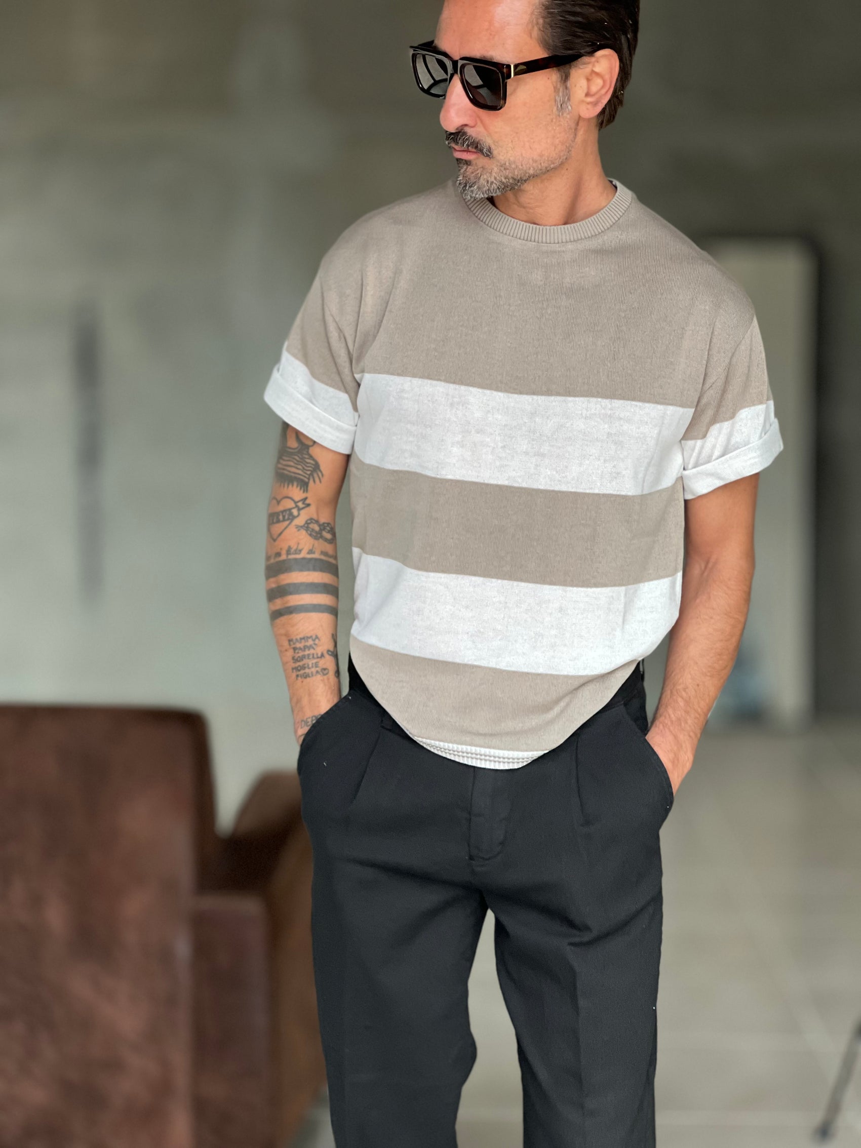 MAGLIA BIANCA RIGA GRANDE TORTORA  IN FILO CROP