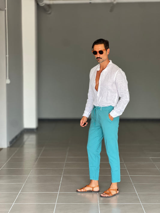 PANTALONE ESTIVO  TURCHESE  EFFETTO LINO GARZATO