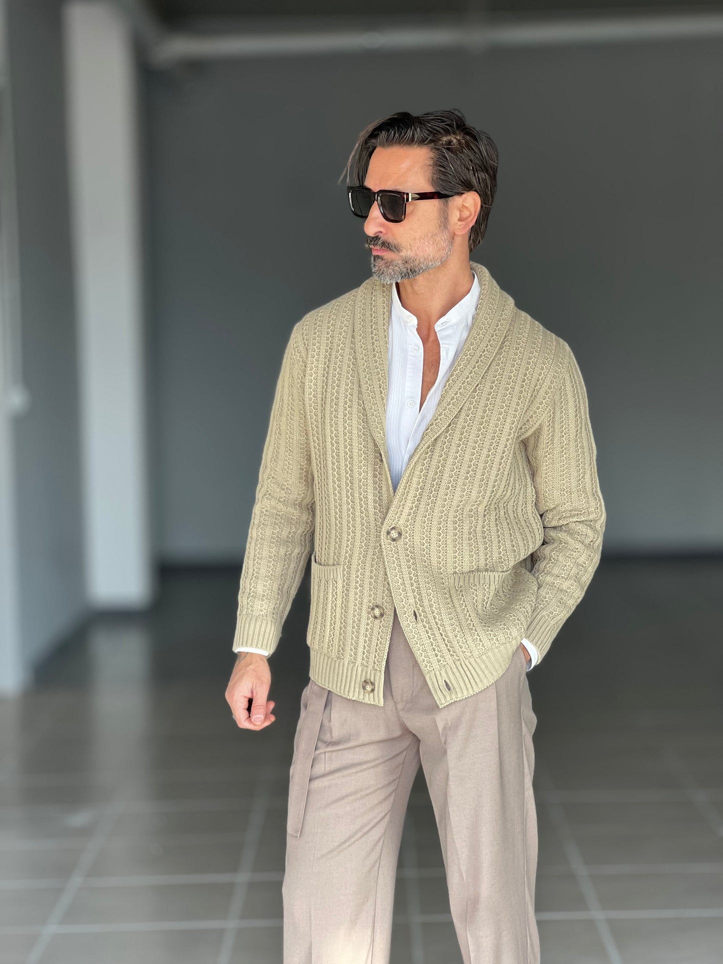 BEIGE COTTON OPEN CARDIGAN