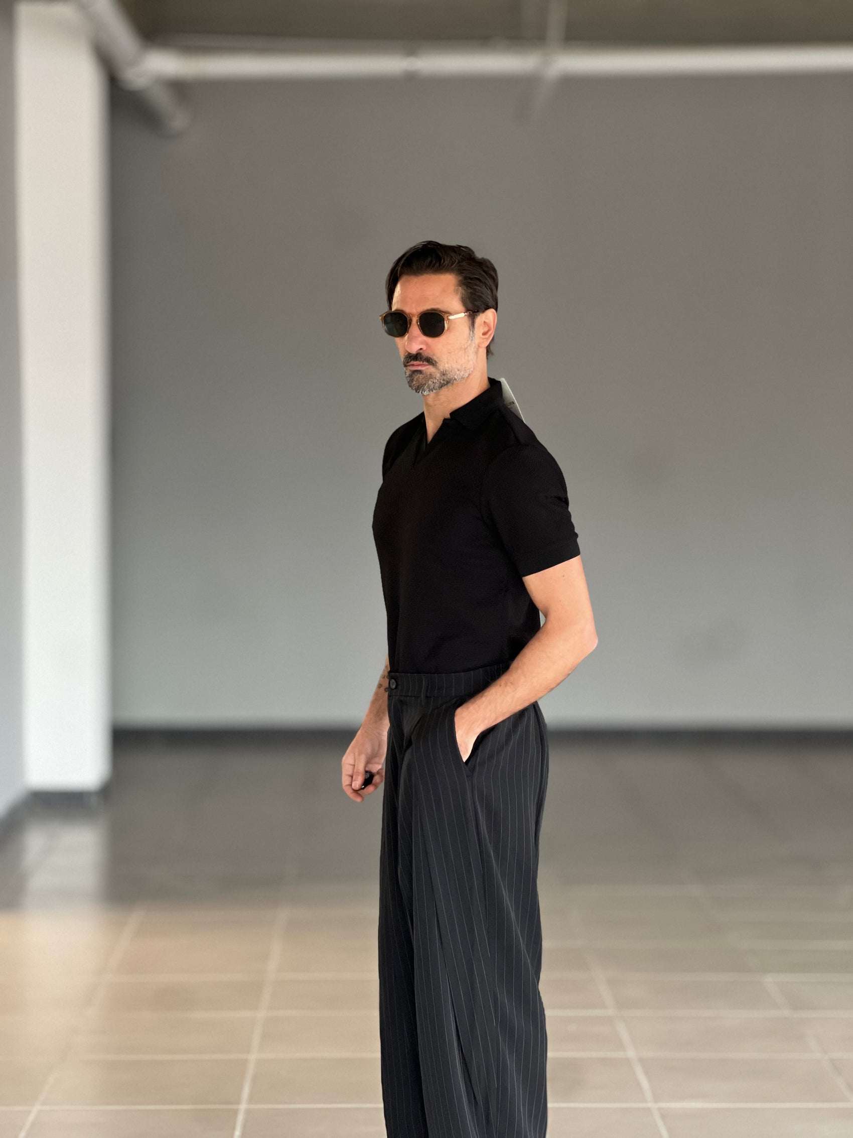 POLO NERA  LAVORAZIONE DIAGONALE  COLLO AMERICANO