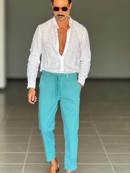 PANTALONE ESTIVO  TURCHESE  EFFETTO LINO GARZATO