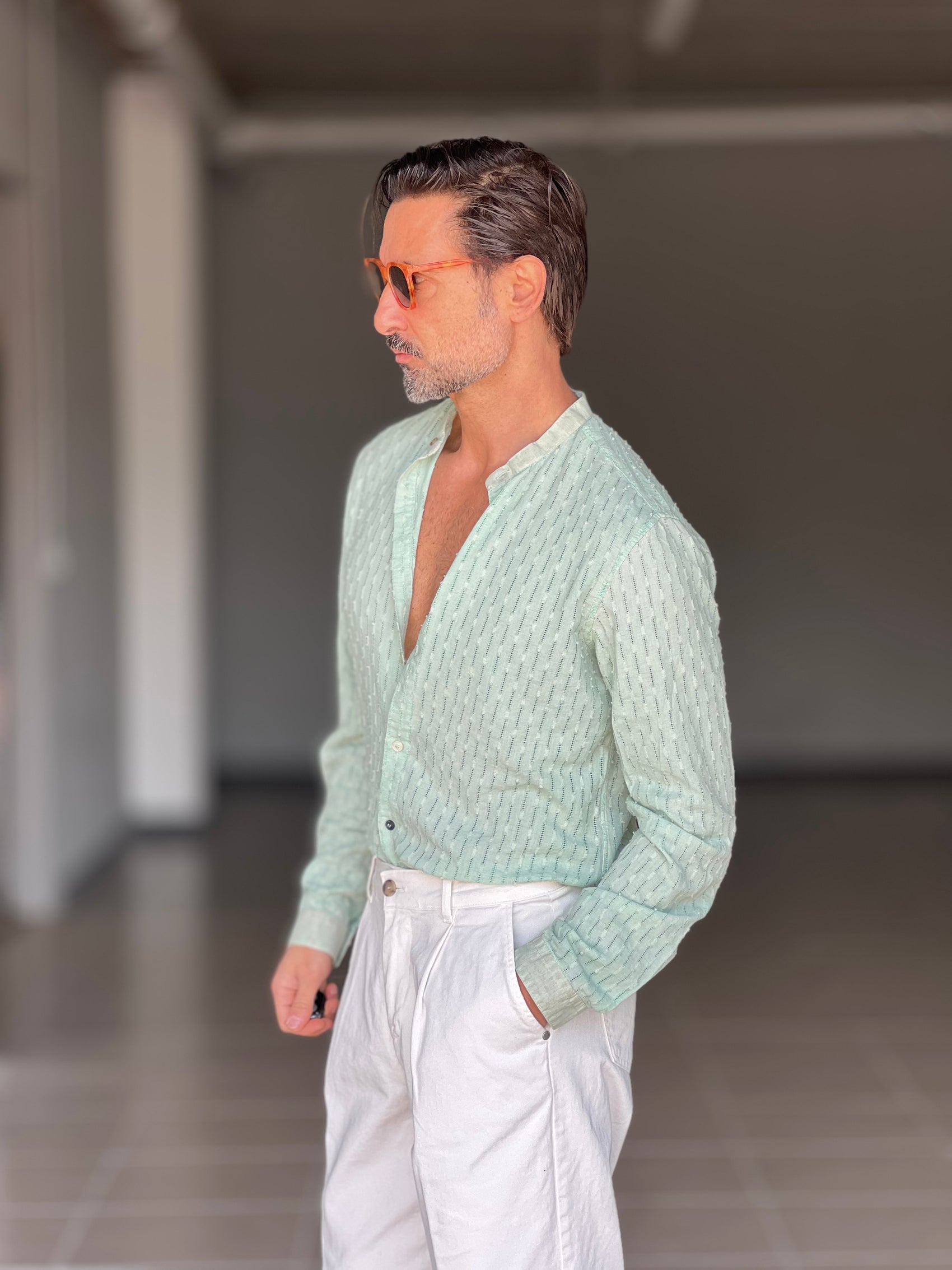 CAMICIA KOON VERDE ACQUA LINO E COTONE LAVORAZIONE TRAMATA 0046