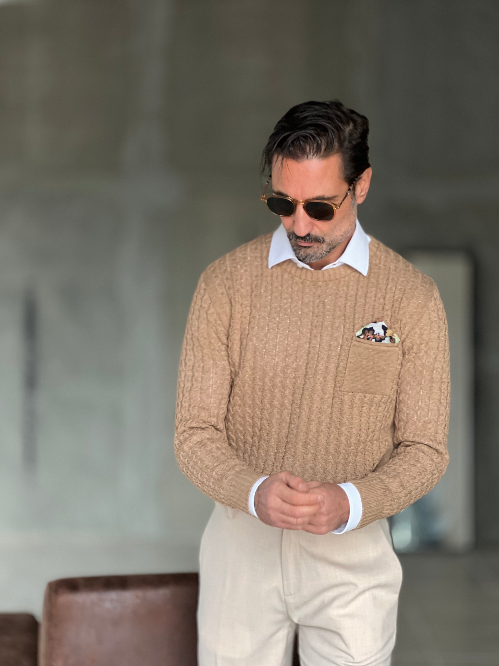 MAGLIA TORTORA  TRECCIA COTONE TASCHINO