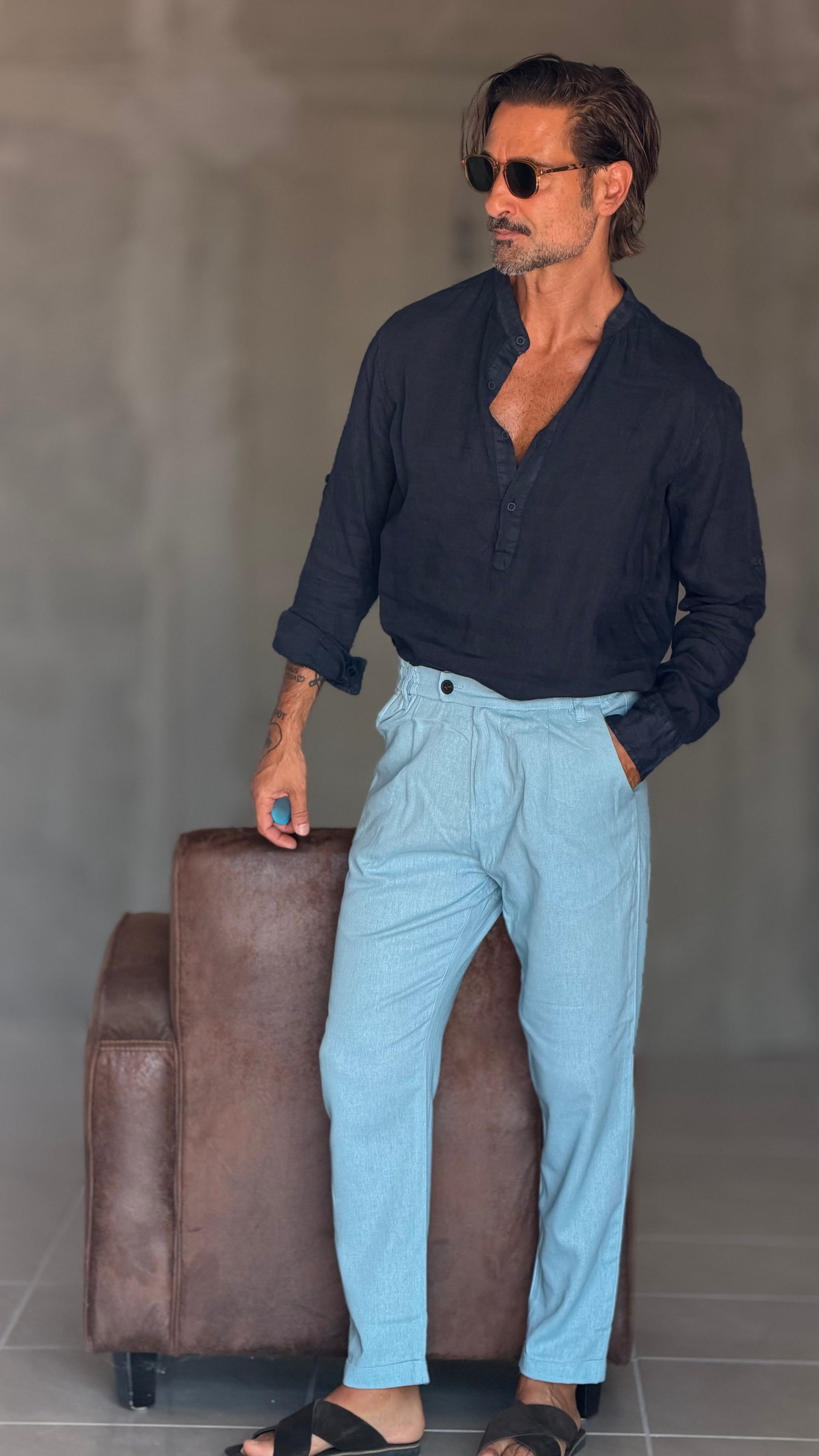 CAMICIA  SERAFINO BLU LINO PURO