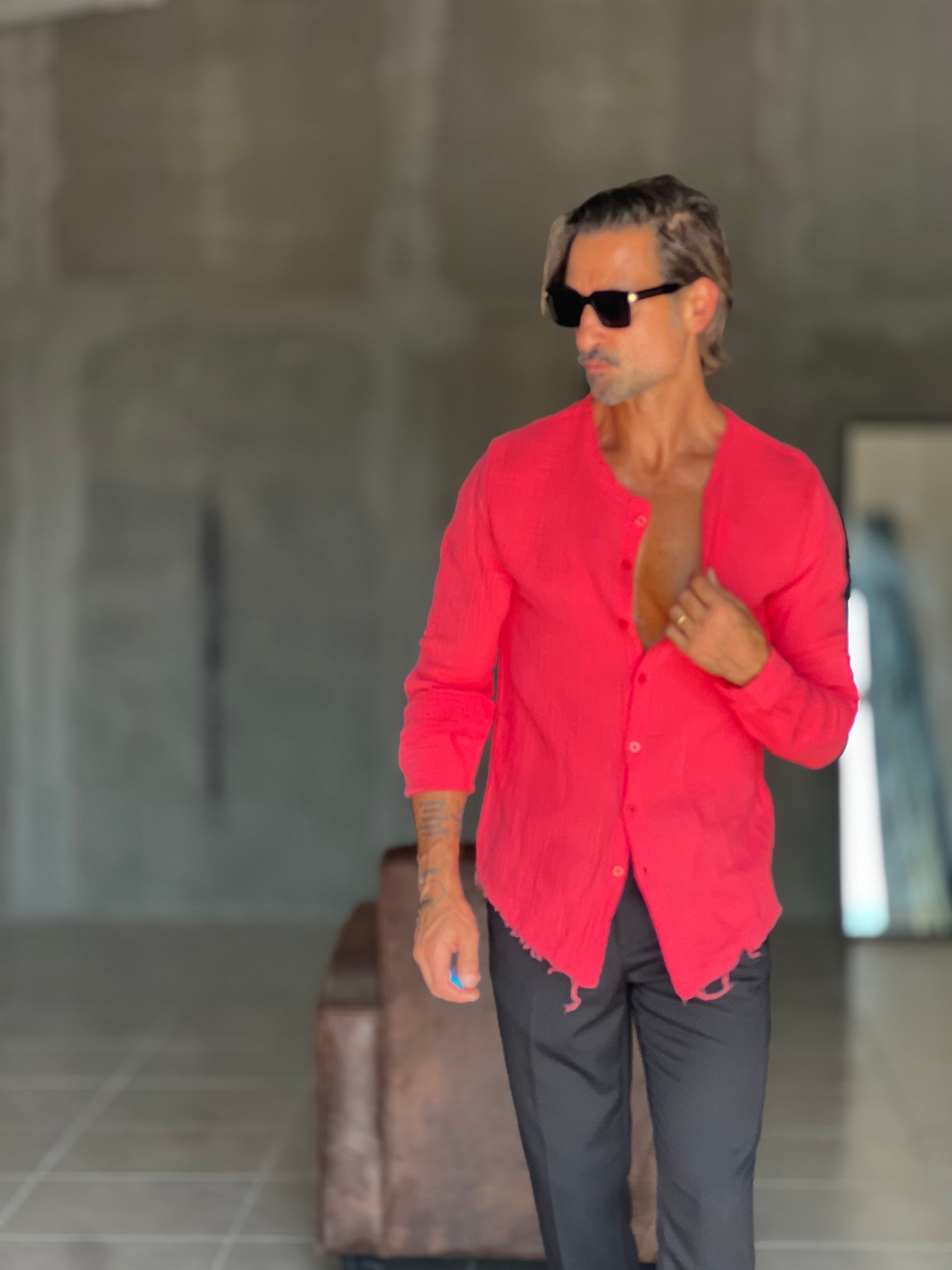 CAMICIA COREANA. ROSSA CORALLO GOFFRATA COTONE  EFFETTO LINO 278