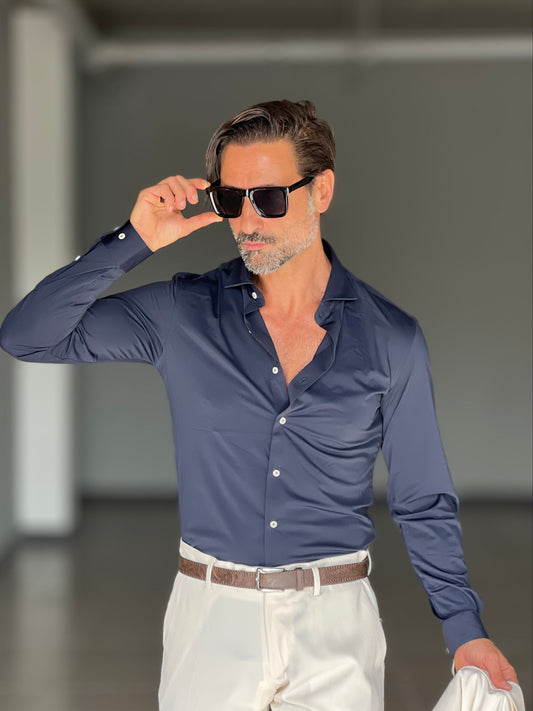 CAMICIA BLU  COTONE COLLO ITALIANO MAGLINA