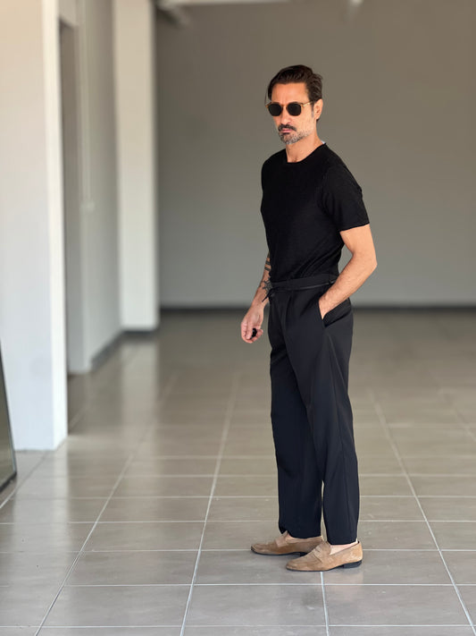 PANTALONE NERO ALTATENSIONE PINCES VISCOSA CORDINO ECOPELLE