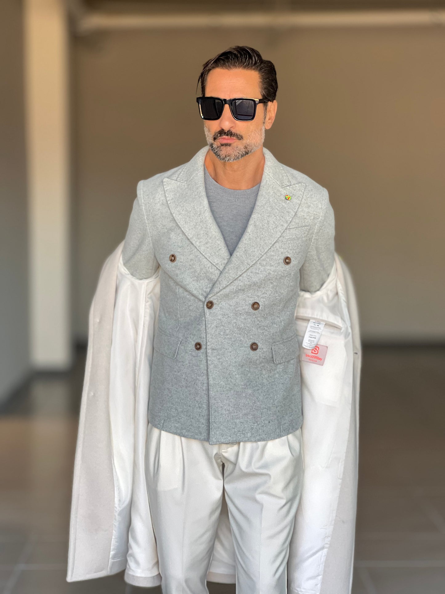 GIACCA PANNO CELESTE GRIGIO DOPPIPETTO