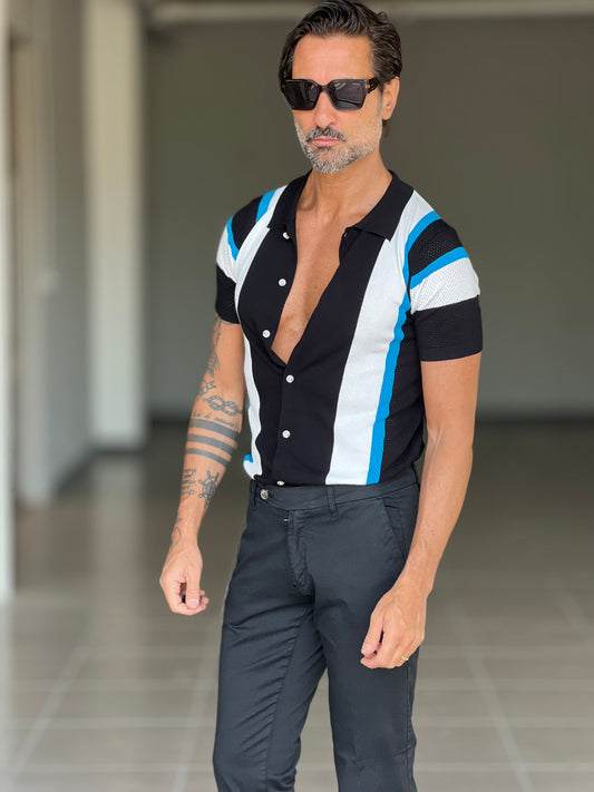 POLO CARDIGAN  MULTIRIGA NERA  COLLO AMERICANO 00125