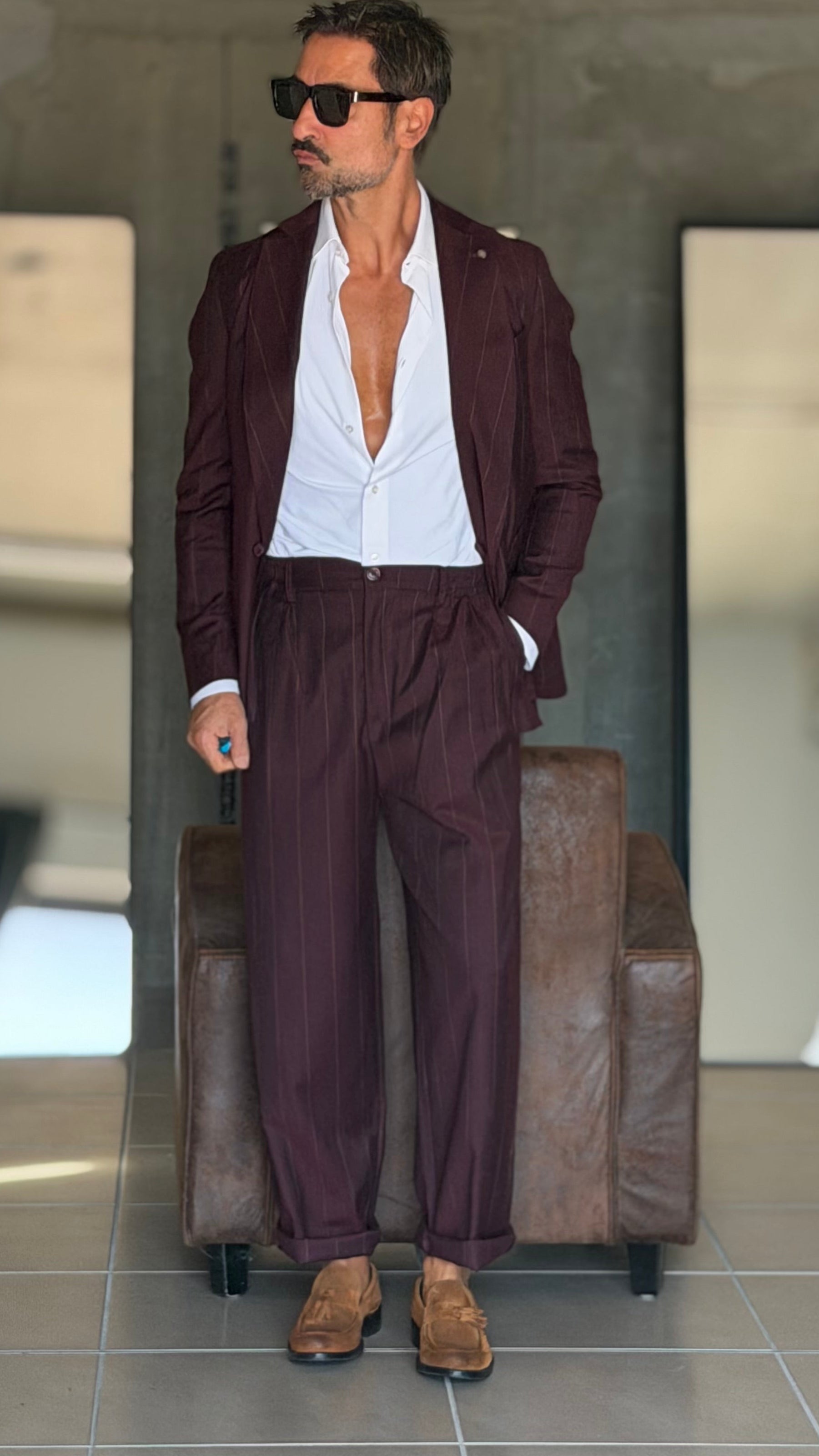 PANTALONE GESSATO PRUGNA MALTINTO VISCOSA  FONDO AMPIO PAUL MIRANDA 1050 (ABBINABILE ALLA GIACCA PRUGNA 1050 ) 636