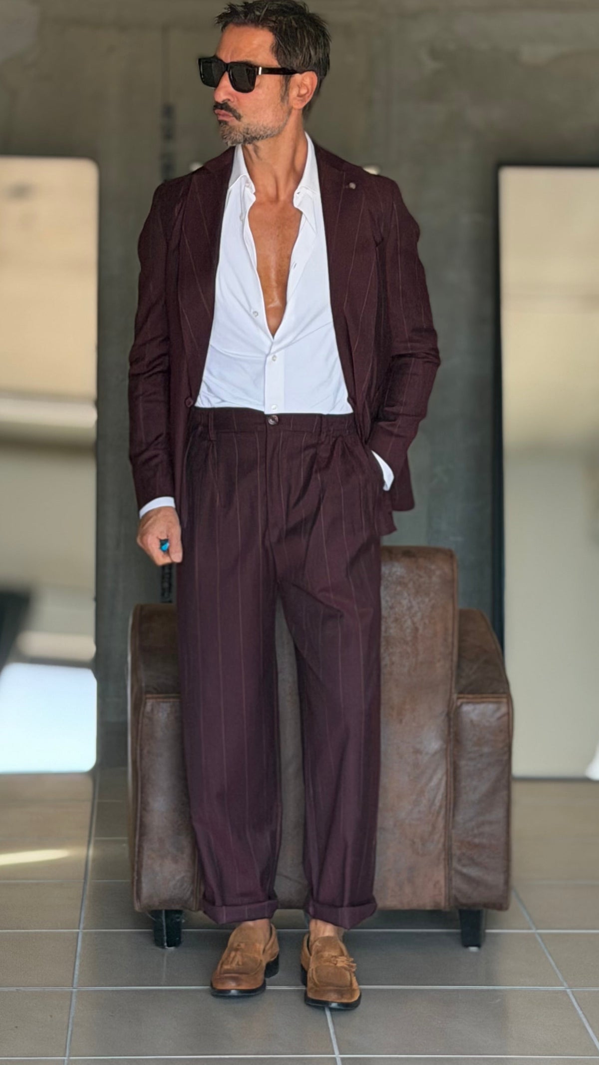 PANTALONE GESSATO PRUGNA MALTINTO VISCOSA  FONDO AMPIO PAUL MIRANDA 1050 (ABBINABILE ALLA GIACCA PRUGNA 1050 ) 636