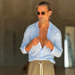 CAMICIA CELESTE COTONE EFFETTO LINO