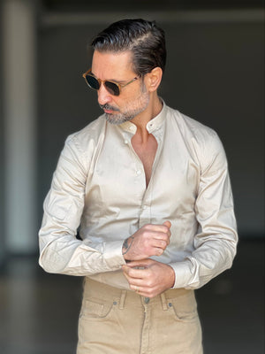 CAMICIA CAMMELLO  COREANA   POPELINE DI COTONE STRECH 104