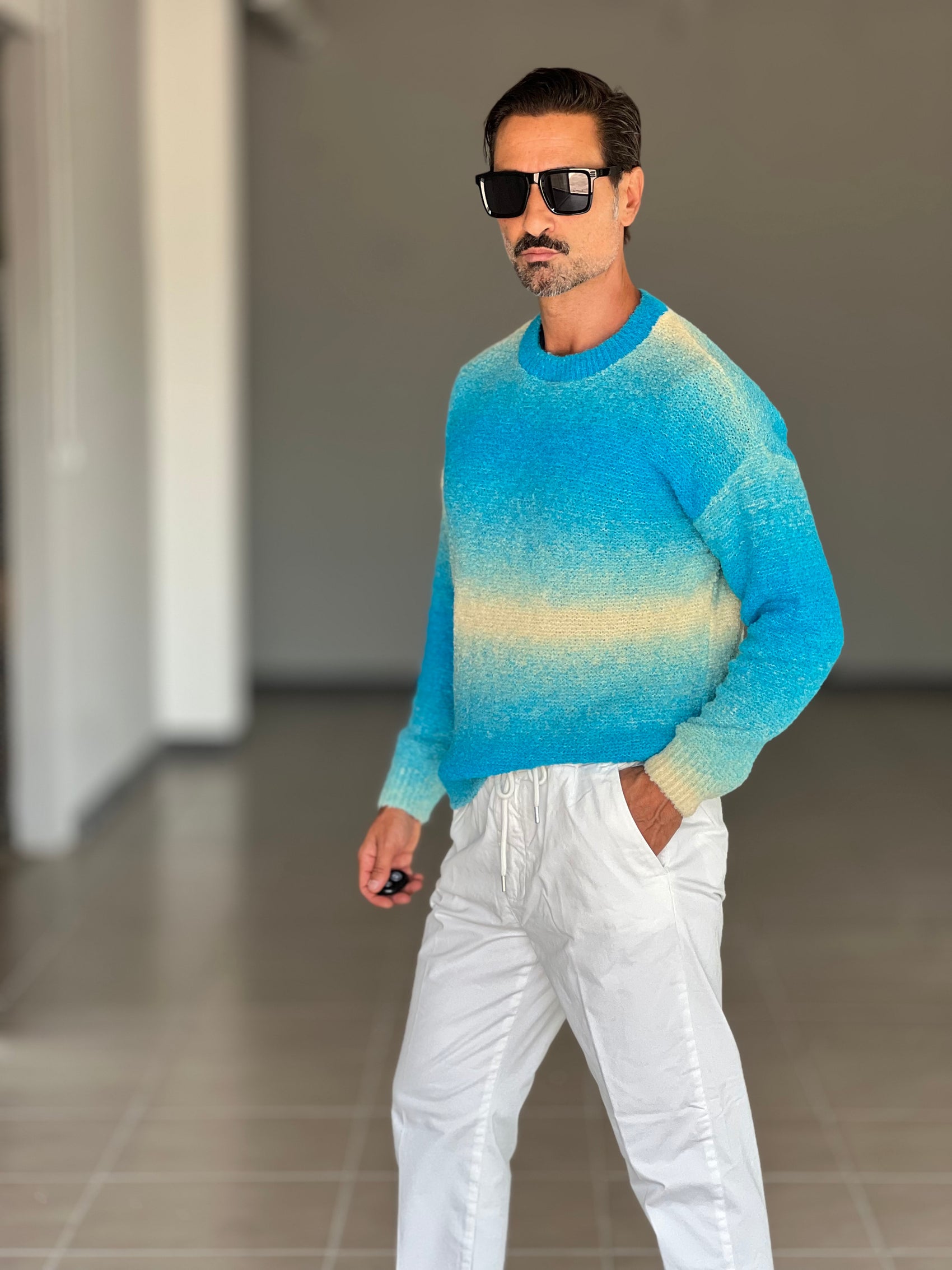 MAGLIA GIRO DEGRADE' TURCHESE  E PANNA