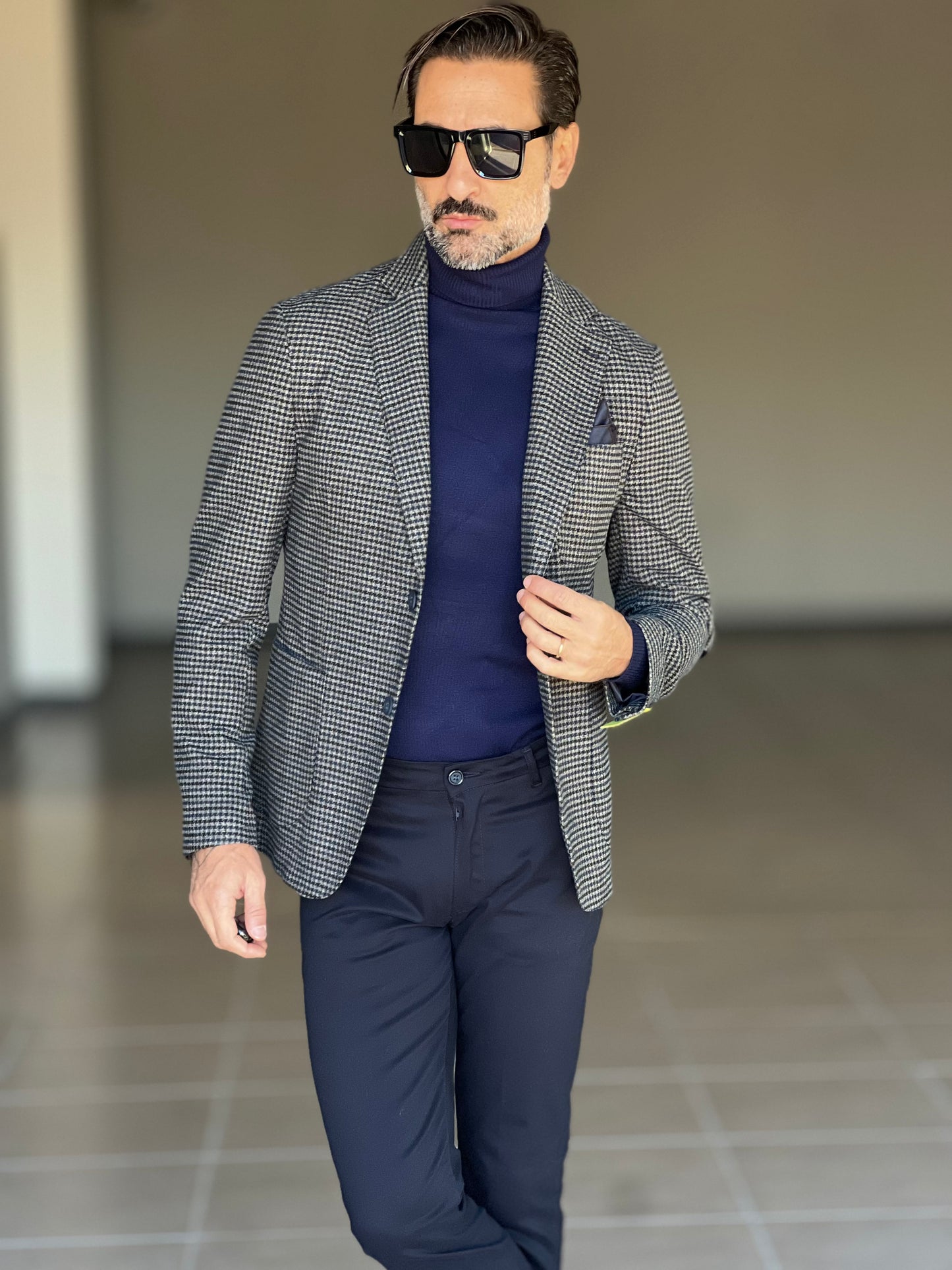 GIACCA PANNO GRIGIA MORO E BLU  PIE DE POULE TOPPE AI GOMITI