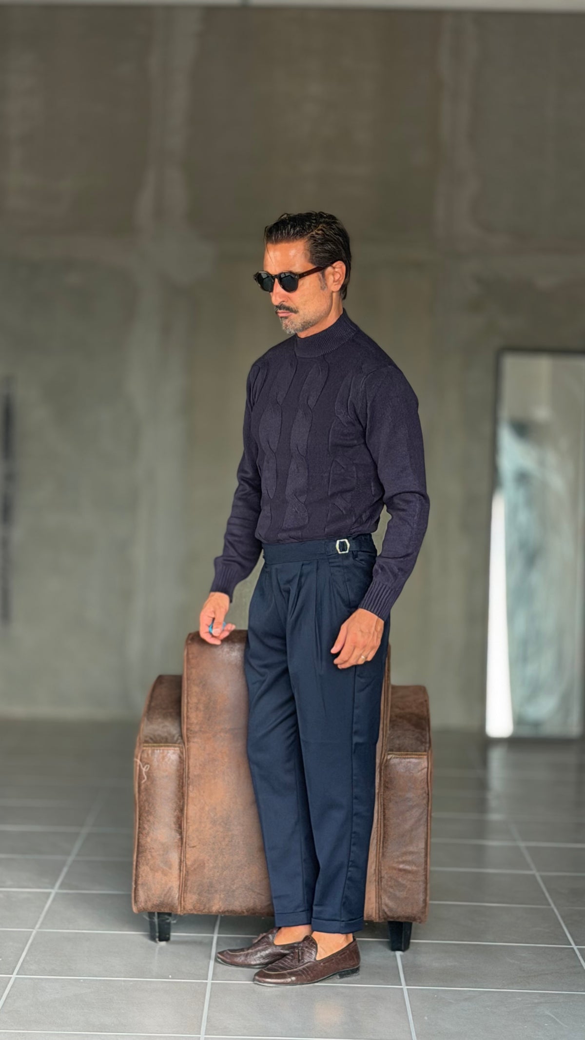 PANTALONE BLU  VITA ALTA PINCES VISCOSA  EFFETTO FLANELLA BATTUTA