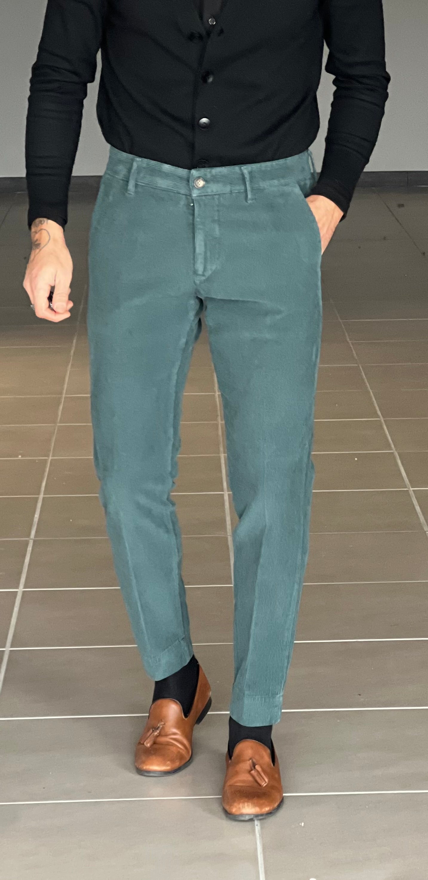 PANTALONE VELLUTO VERDE FOGLIA GAMBA DRITTA