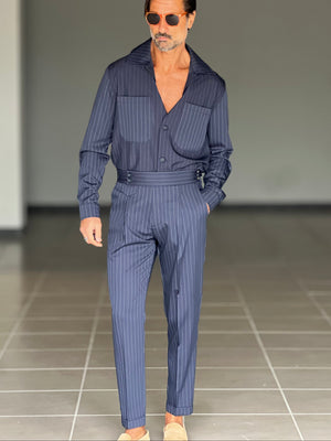 PANTALONE BLU GESSATO  VITA ALTA PINCES VISCOSA